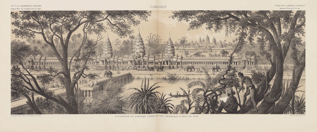 Illustration : gravure de la colonnade de l'entrée ouest et vue générale d'Angcor Wat